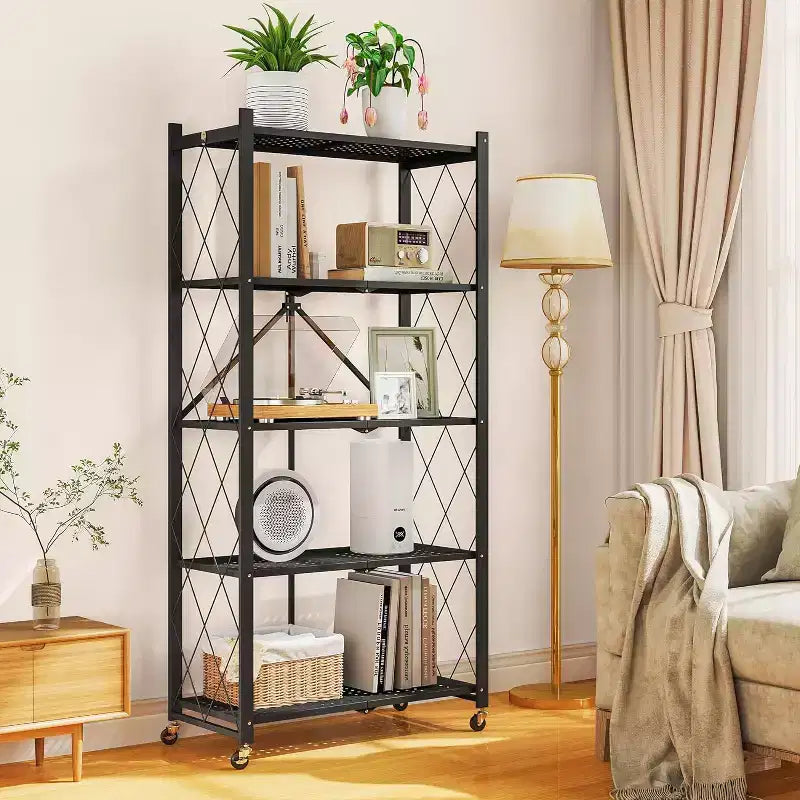 SUGIFT 5-Tier Foldable Metal Storage Shelf with Wheels, No Assembly Shelving Unit