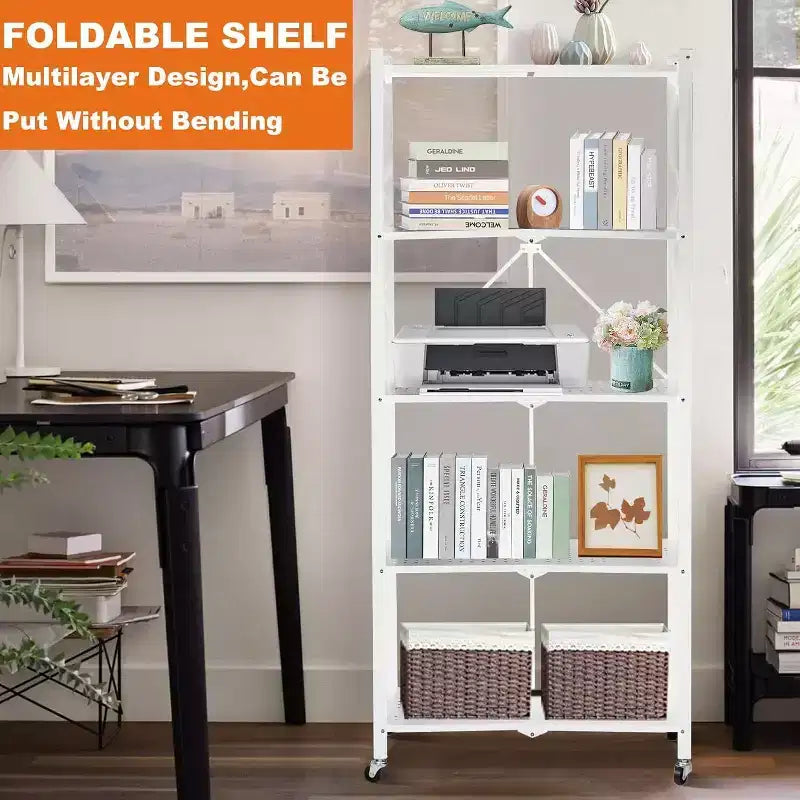 SUGIFT 5-Tier Foldable Metal Storage Shelf with Wheels, No Assembly Shelving Unit