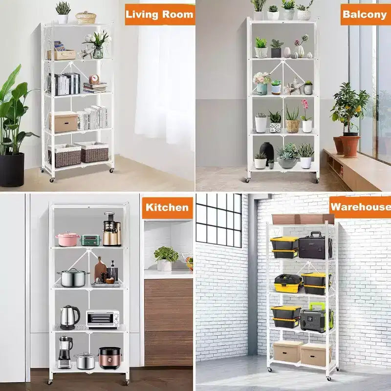 SUGIFT 5-Tier Foldable Metal Storage Shelf with Wheels, No Assembly Shelving Unit