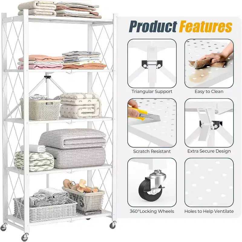 SUGIFT 5-Tier Foldable Metal Storage Shelf with Wheels, No Assembly Shelving Unit