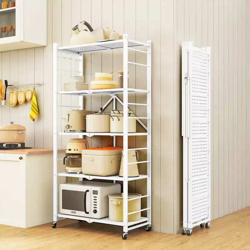 SUGIFT 5-Tier Foldable Metal Storage Shelf with Wheels, No Assembly Shelving Unit