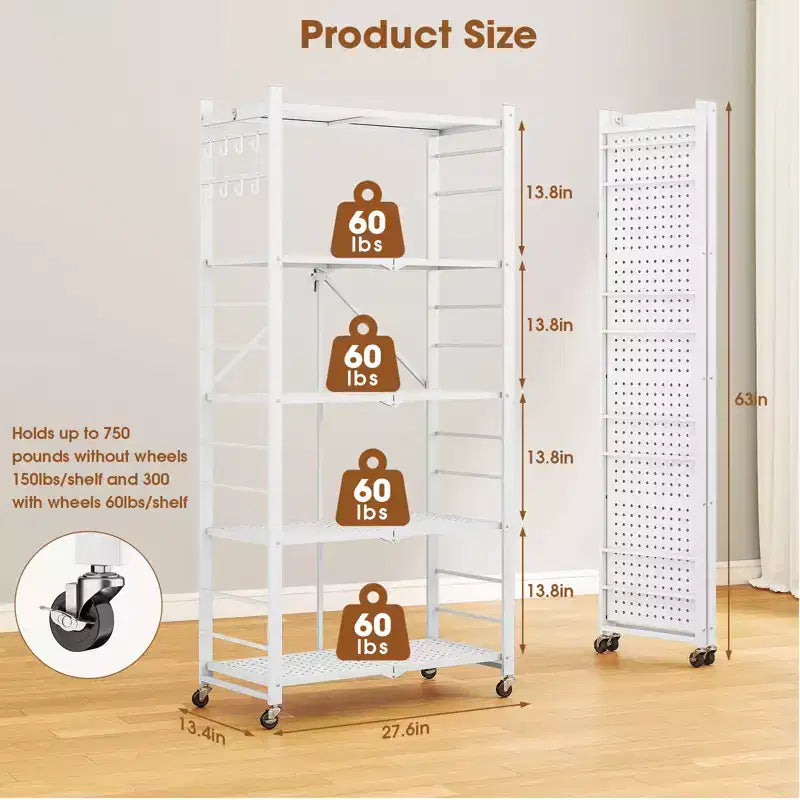 SUGIFT 5-Tier Foldable Metal Storage Shelf with Wheels, No Assembly Shelving Unit