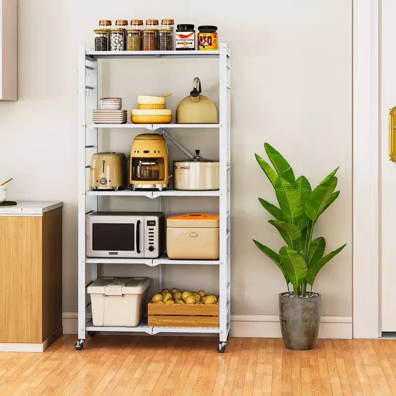 SUGIFT 5-Tier Foldable Metal Storage Shelf with Wheels, No Assembly Shelving Unit