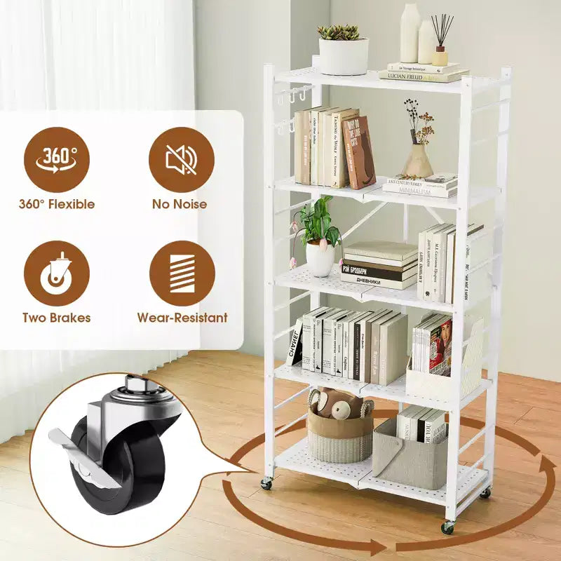 SUGIFT 5-Tier Foldable Metal Storage Shelf with Wheels, No Assembly Shelving Unit