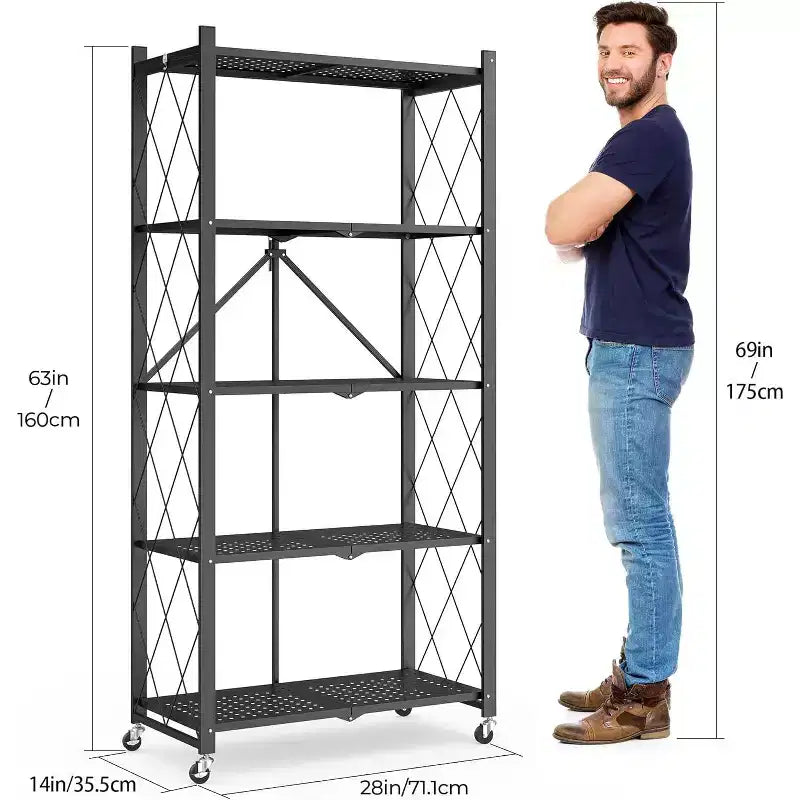 SUGIFT 5-Tier Foldable Metal Storage Shelf with Wheels, No Assembly Shelving Unit