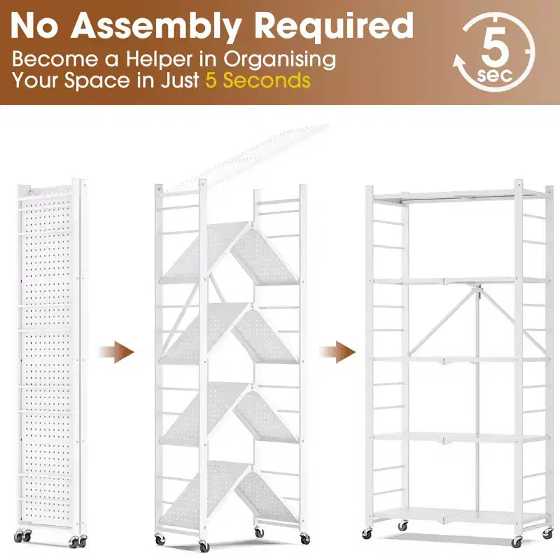 SUGIFT 5-Tier Foldable Metal Storage Shelf with Wheels, No Assembly Shelving Unit