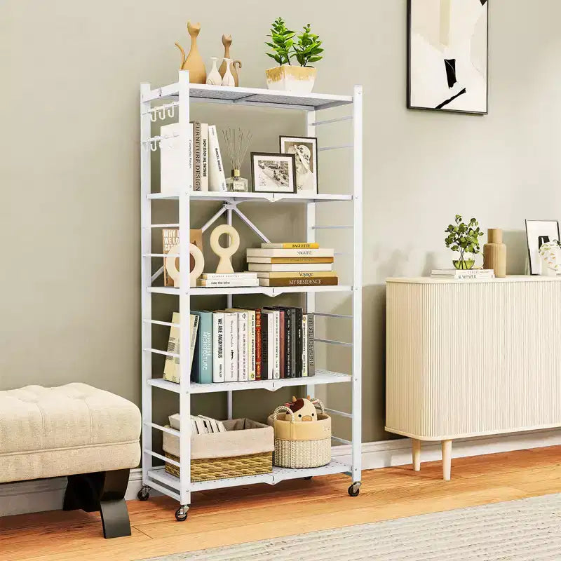 SUGIFT 5-Tier Foldable Metal Storage Shelf with Wheels, No Assembly Shelving Unit