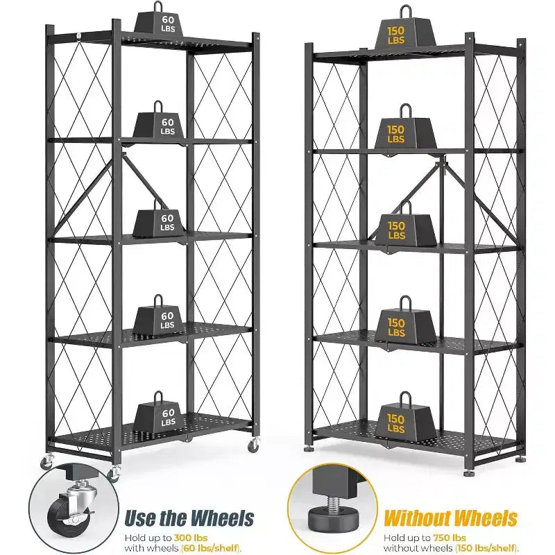 SUGIFT 5-Tier Foldable Metal Storage Shelf with Wheels, No Assembly Shelving Unit