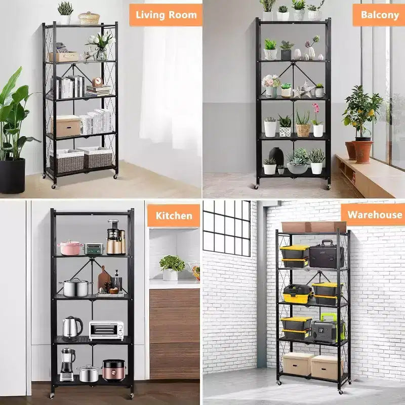 SUGIFT 5-Tier Foldable Metal Storage Shelf with Wheels, No Assembly Shelving Unit