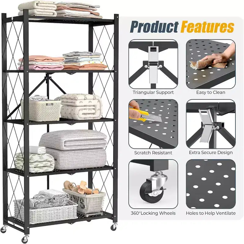 SUGIFT 5-Tier Foldable Metal Storage Shelf with Wheels, No Assembly Shelving Unit