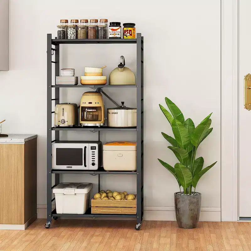 SUGIFT 5-Tier Foldable Metal Storage Shelf with Wheels, No Assembly Shelving Unit