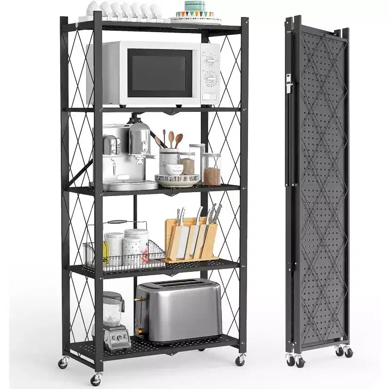 SUGIFT 5-Tier Foldable Metal Storage Shelf with Wheels, No Assembly Shelving Unit