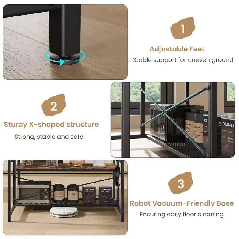 COZONY Natural Wood Kitchen Island with 2 Bar Stools Bakers Rack with Shelves Hooks and Microwave Stand for Dining Room Apartment