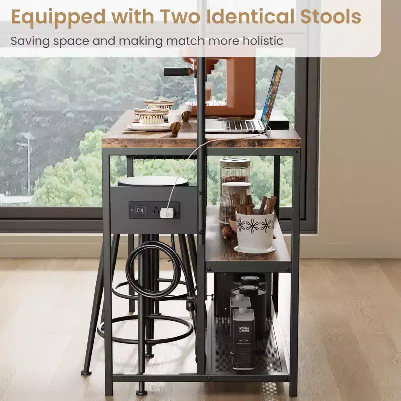 COZONY Natural Wood Kitchen Island with 2 Bar Stools Bakers Rack with Shelves Hooks and Microwave Stand for Dining Room Apartment