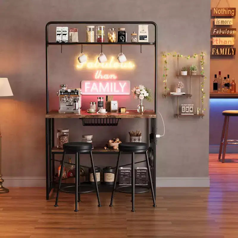 COZONY Natural Wood Kitchen Island with 2 Bar Stools Bakers Rack with Shelves Hooks and Microwave Stand for Dining Room Apartment