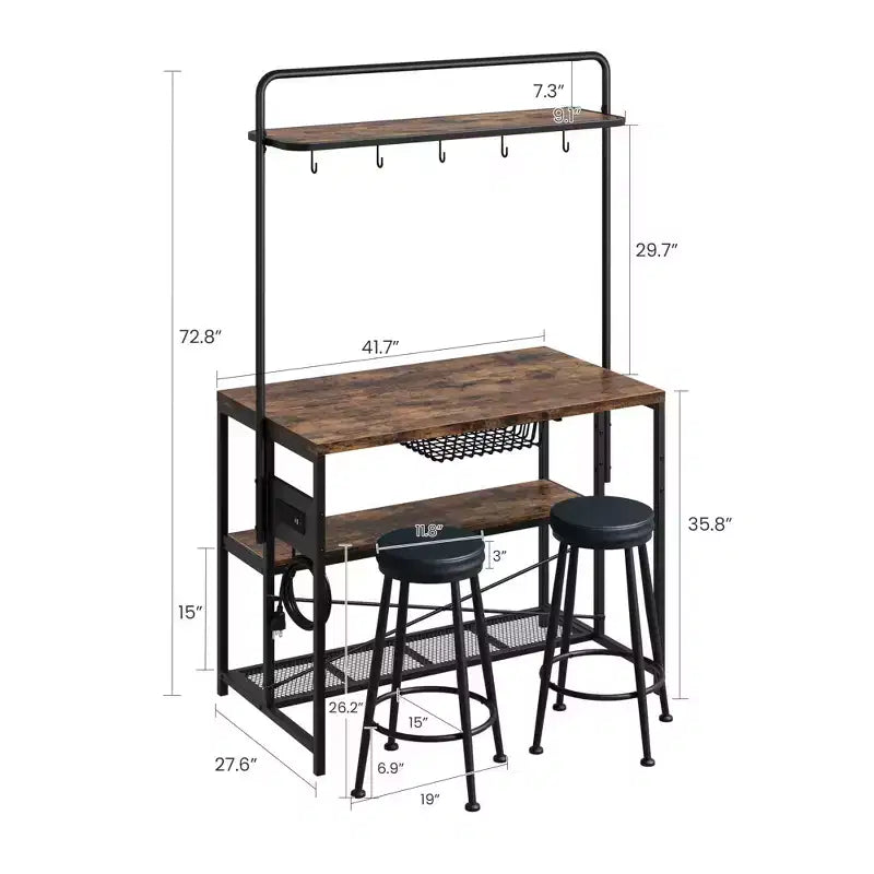 COZONY Natural Wood Kitchen Island with 2 Bar Stools Bakers Rack with Shelves Hooks and Microwave Stand for Dining Room Apartment