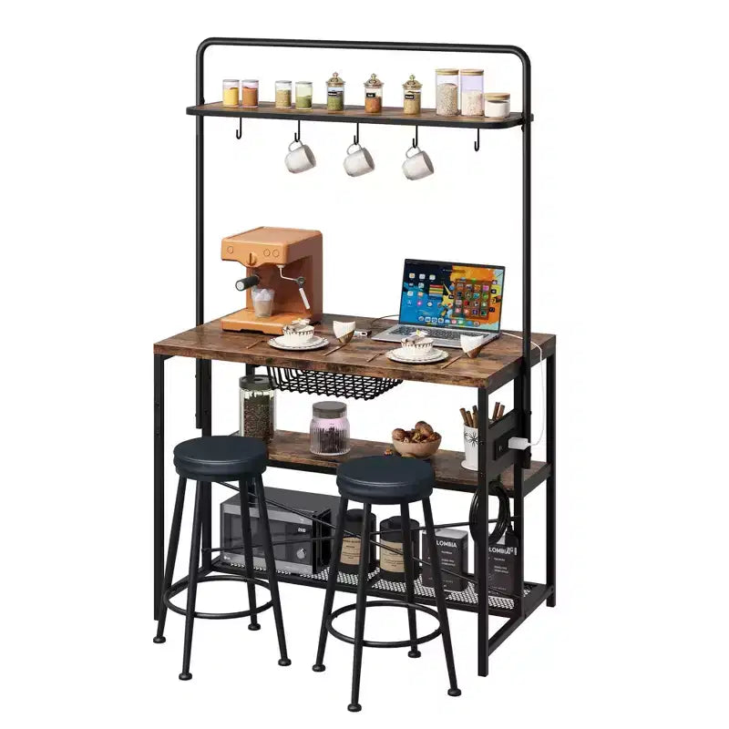 COZONY Natural Wood Kitchen Island with 2 Bar Stools Bakers Rack with Shelves Hooks and Microwave Stand for Dining Room Apartment