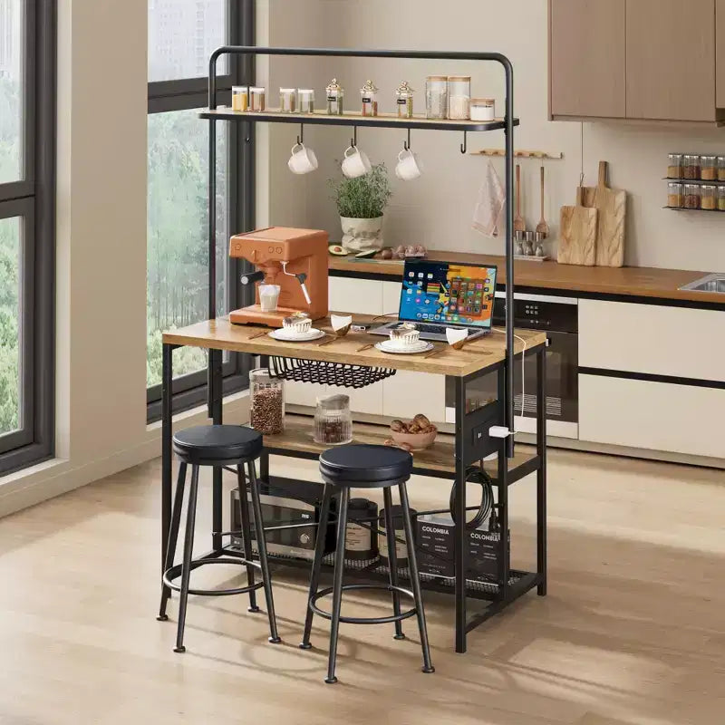 COZONY Natural Wood Kitchen Island with 2 Bar Stools Bakers Rack with Shelves Hooks and Microwave Stand for Dining Room Apartment