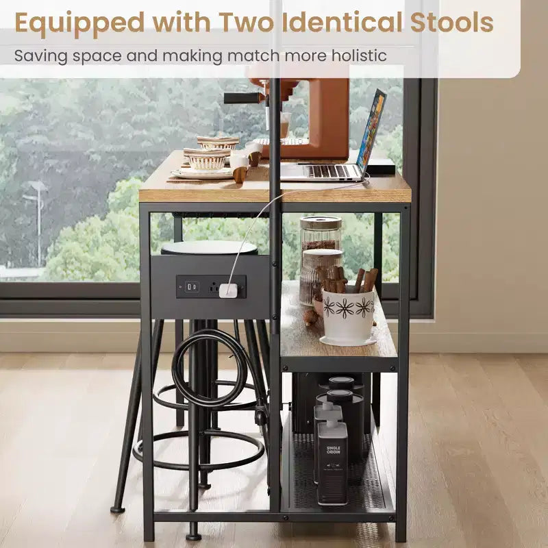 COZONY Natural Wood Kitchen Island with 2 Bar Stools Bakers Rack with Shelves Hooks and Microwave Stand for Dining Room Apartment