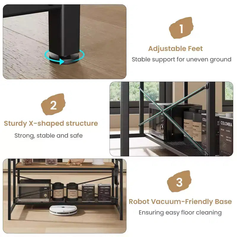 COZONY Natural Wood Kitchen Island with 2 Bar Stools Bakers Rack with Shelves Hooks and Microwave Stand for Dining Room Apartment