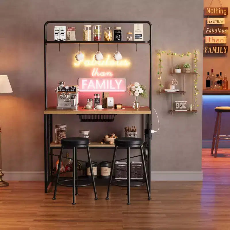 COZONY Natural Wood Kitchen Island with 2 Bar Stools Bakers Rack with Shelves Hooks and Microwave Stand for Dining Room Apartment
