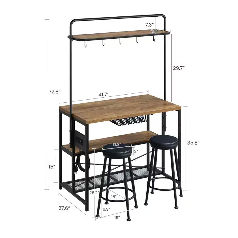 COZONY Natural Wood Kitchen Island with 2 Bar Stools Bakers Rack with Shelves Hooks and Microwave Stand for Dining Room Apartment