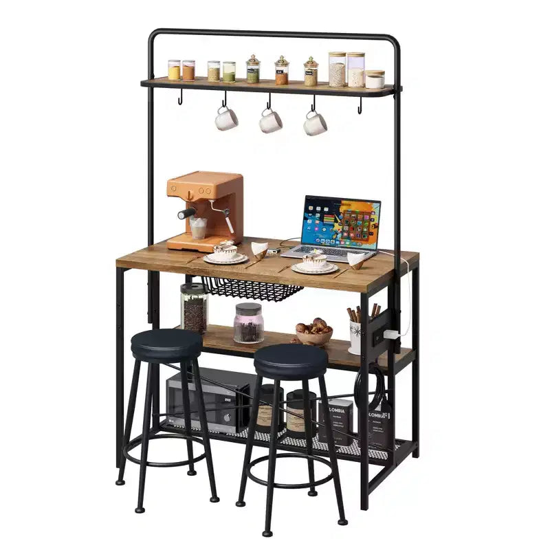 COZONY Natural Wood Kitchen Island with 2 Bar Stools Bakers Rack with Shelves Hooks and Microwave Stand for Dining Room Apartment