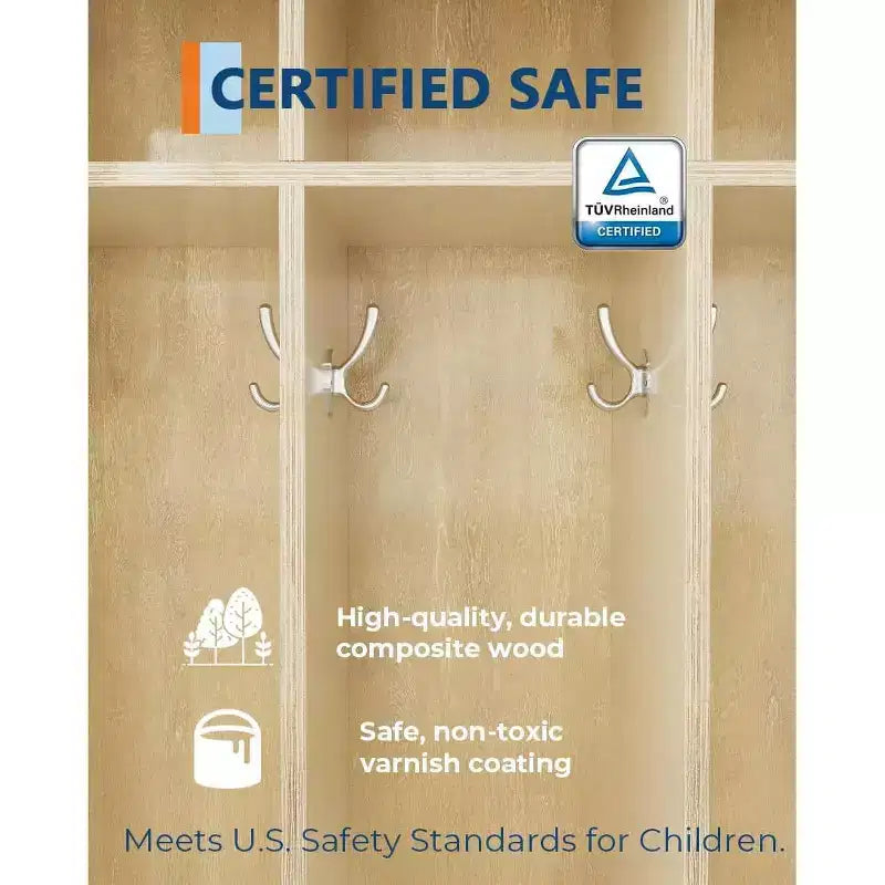 Coat Locker, Smooth Wood Surface 10 Cubbies, 4 Hidden Casters, 10 Hooks, for Home, School