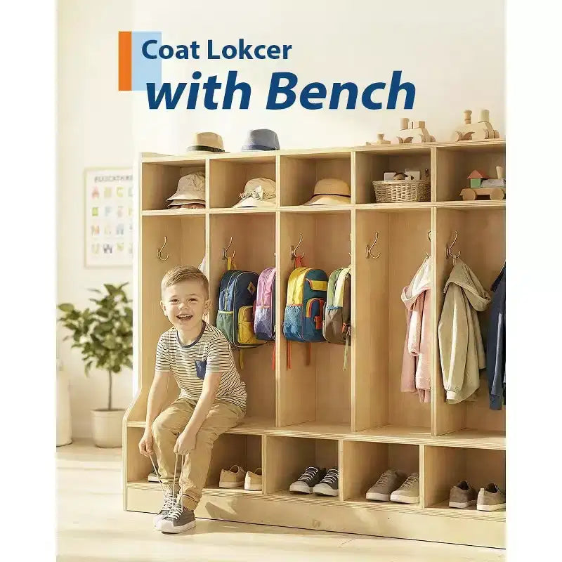 Coat Locker, Smooth Wood Surface 10 Cubbies, 4 Hidden Casters, 10 Hooks, for Home, School