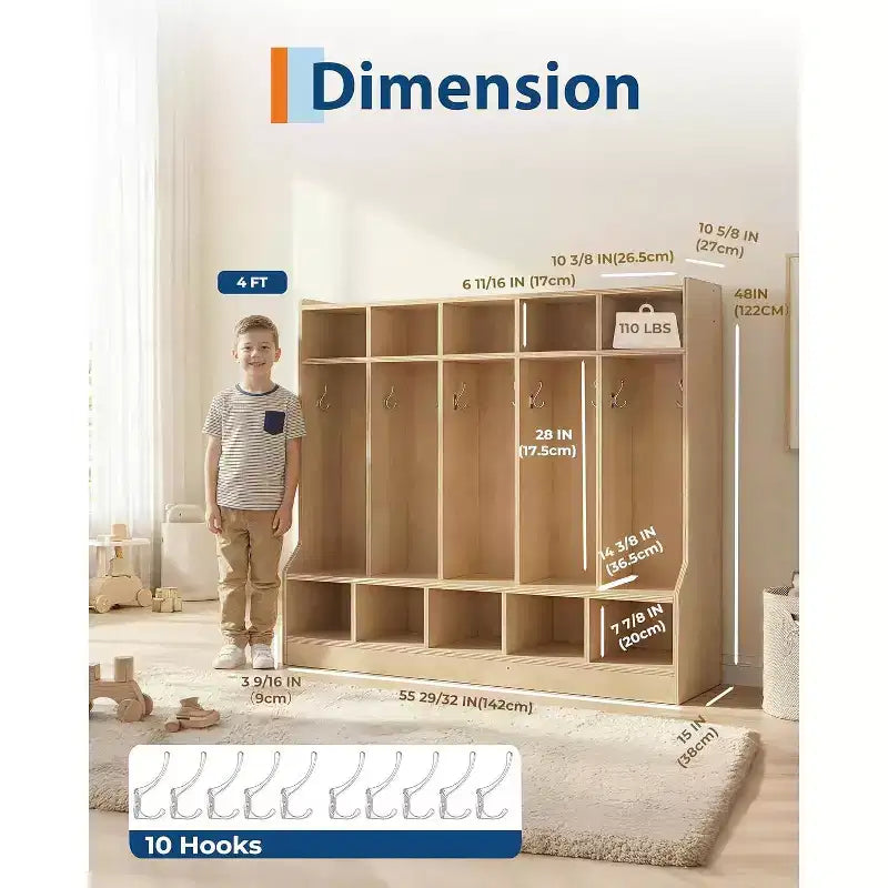 Coat Locker, Smooth Wood Surface 10 Cubbies, 4 Hidden Casters, 10 Hooks, for Home, School