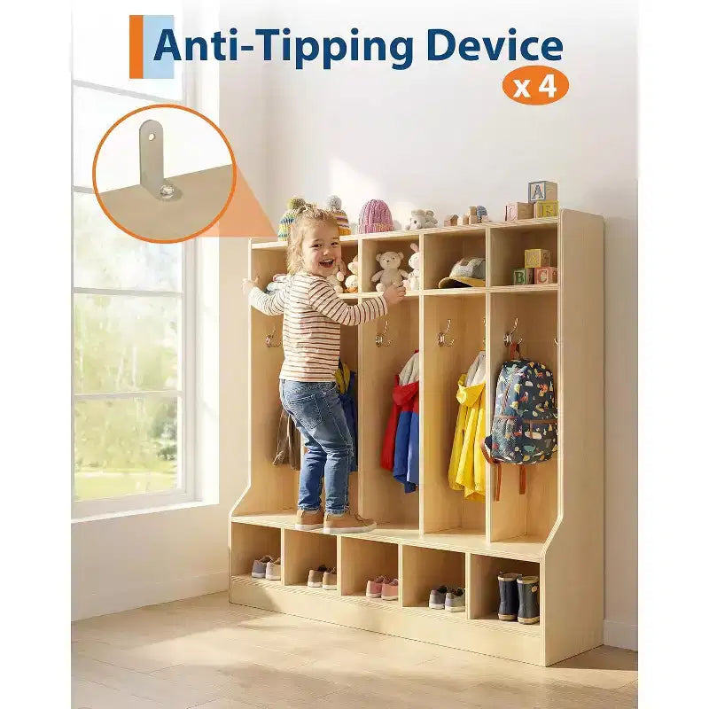 Coat Locker, Smooth Wood Surface 10 Cubbies, 4 Hidden Casters, 10 Hooks, for Home, School