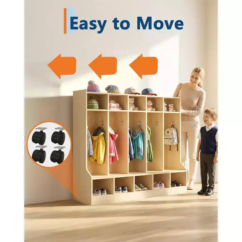 Coat Locker, Smooth Wood Surface 10 Cubbies, 4 Hidden Casters, 10 Hooks, for Home, School