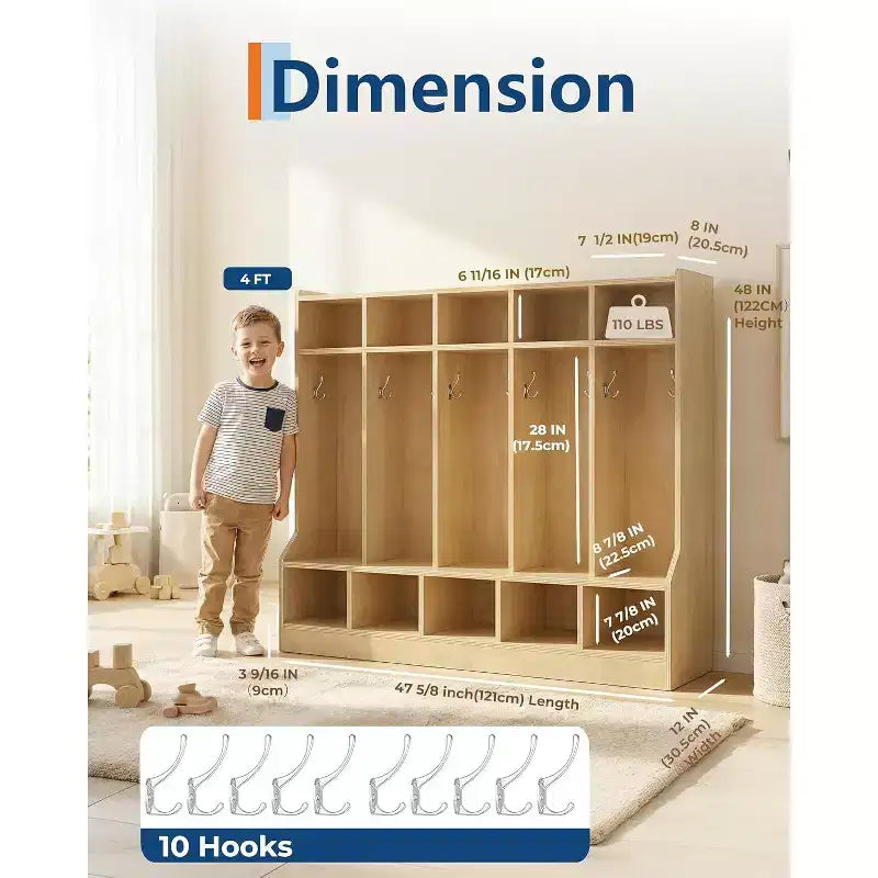 Coat Locker, Smooth Wood Surface 10 Cubbies, 4 Hidden Casters, 10 Hooks, for Home, School