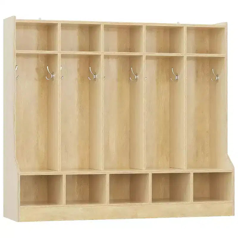 Coat Locker, Smooth Wood Surface 10 Cubbies, 4 Hidden Casters, 10 Hooks, for Home, School
