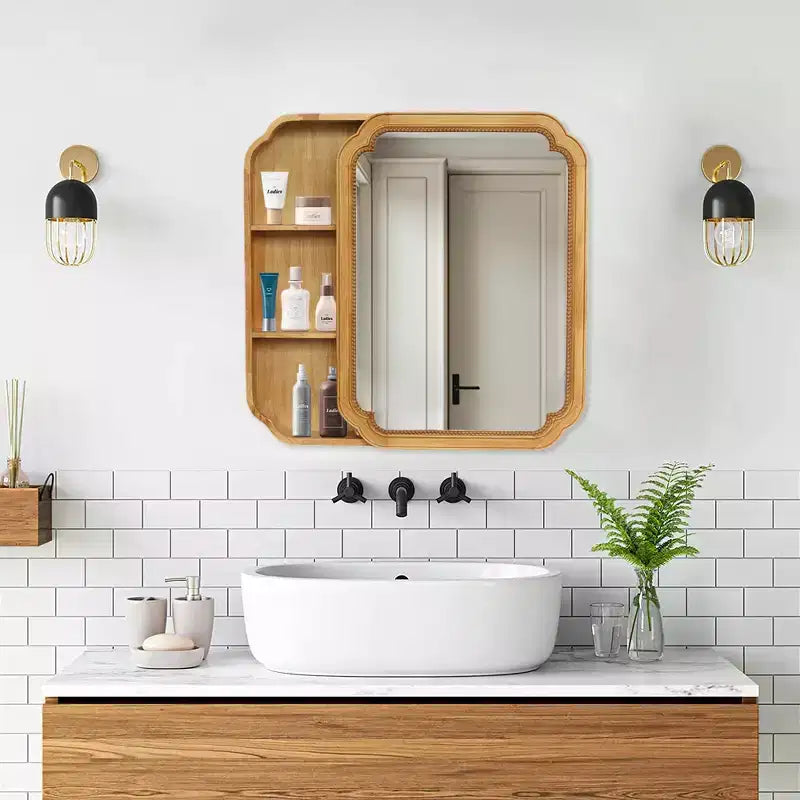 Whisen Wall Mounted Bathroom Vanity Mirror with Storage Shelves, Solid Wood Frame Decorative Mirror for Bathroom - Brown