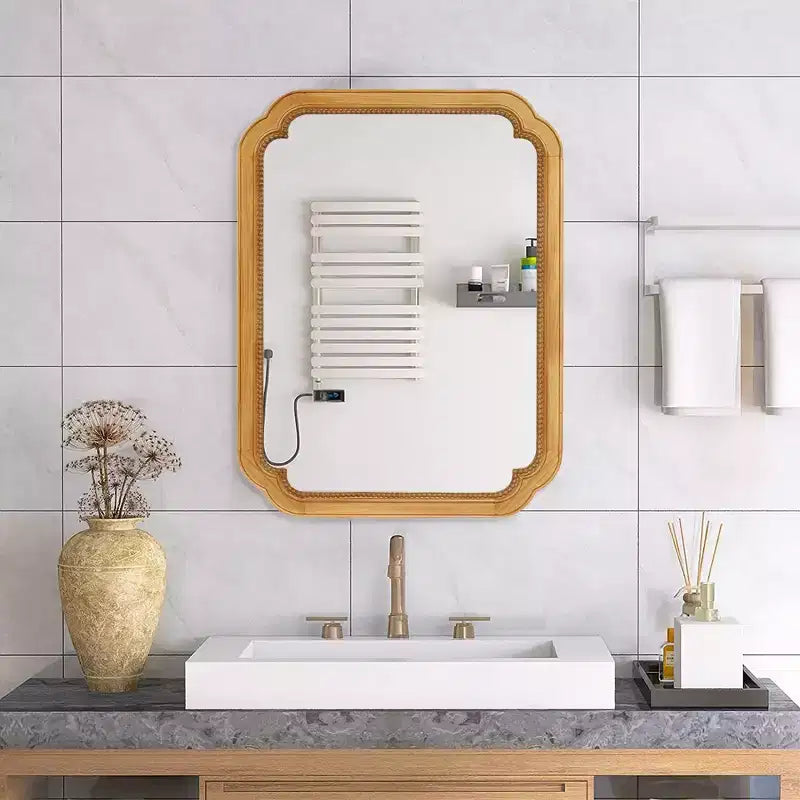 Whisen Wall Mounted Bathroom Vanity Mirror with Storage Shelves, Solid Wood Frame Decorative Mirror for Bathroom - Brown
