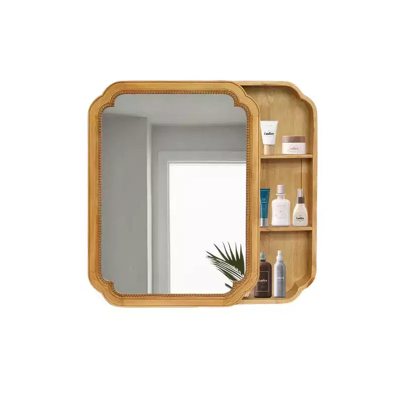 Whisen Wall Mounted Bathroom Vanity Mirror with Storage Shelves, Solid Wood Frame Decorative Mirror for Bathroom - Brown