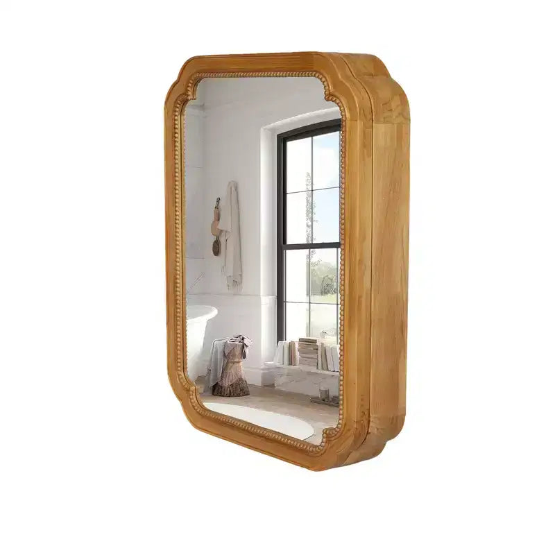 Whisen Wall Mounted Bathroom Vanity Mirror with Storage Shelves, Solid Wood Frame Decorative Mirror for Bathroom - Brown