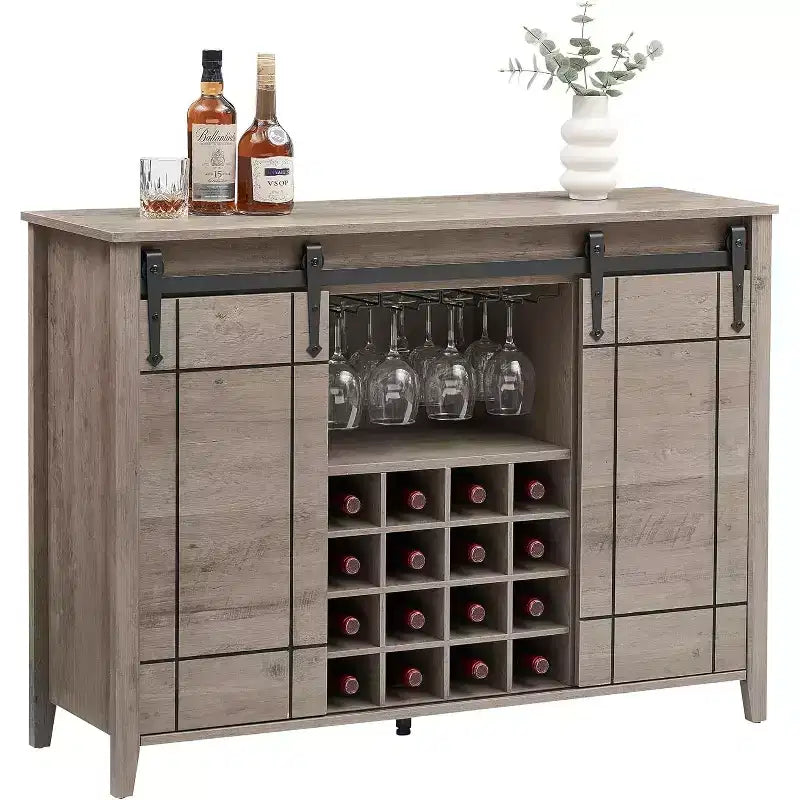 Farmhouse Bar Cabinet with Sliding Barn Door, 47 Rustic Wine & Coffee Station, 16-Bottle Rack, Adjustable Shelves for Dining Room, Kitchen