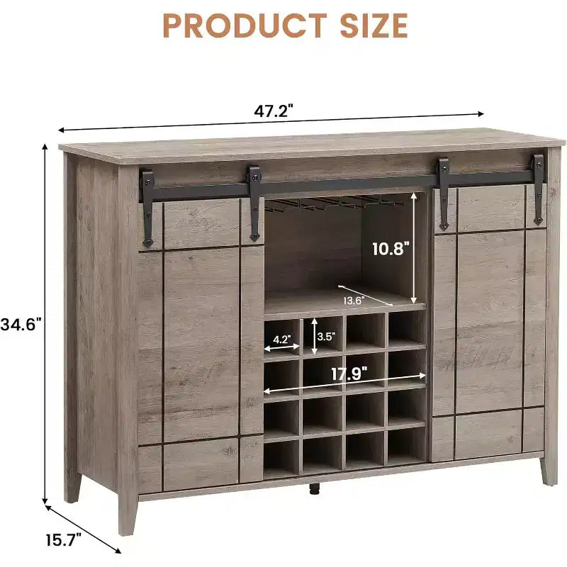 Farmhouse Bar Cabinet with Sliding Barn Door, 47 Rustic Wine & Coffee Station, 16-Bottle Rack, Adjustable Shelves for Dining Room, Kitchen