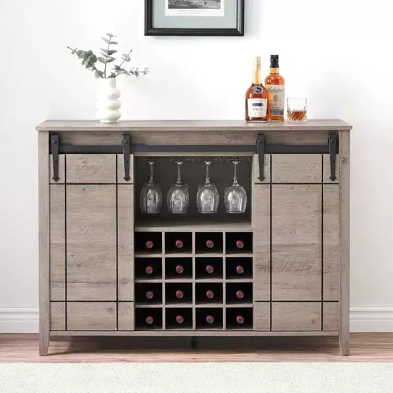Farmhouse Bar Cabinet with Sliding Barn Door, 47 Rustic Wine & Coffee Station, 16-Bottle Rack, Adjustable Shelves for Dining Room, Kitchen