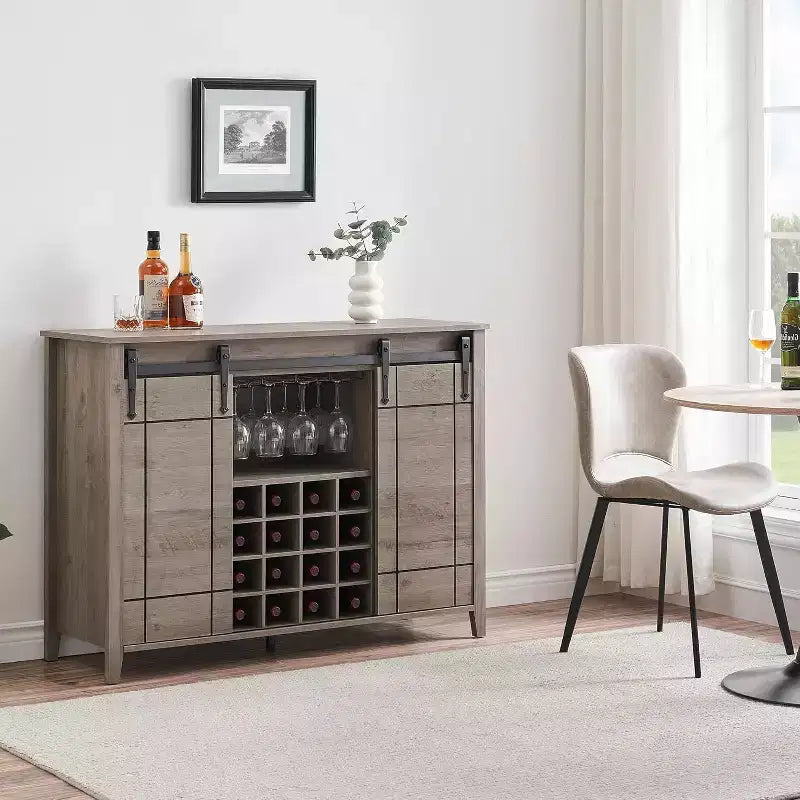 Farmhouse Bar Cabinet with Sliding Barn Door, 47 Rustic Wine & Coffee Station, 16-Bottle Rack, Adjustable Shelves for Dining Room, Kitchen