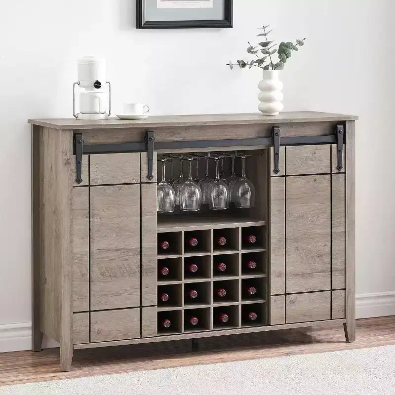 Farmhouse Bar Cabinet with Sliding Barn Door, 47 Rustic Wine & Coffee Station, 16-Bottle Rack, Adjustable Shelves for Dining Room, Kitchen