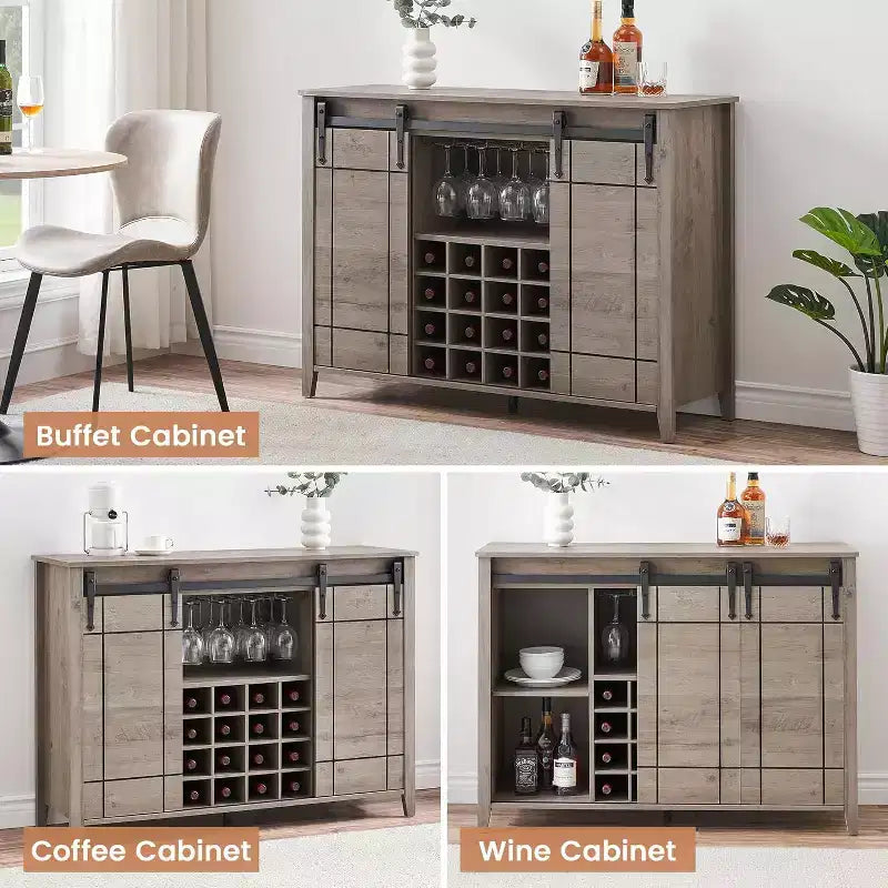 Farmhouse Bar Cabinet with Sliding Barn Door, 47 Rustic Wine & Coffee Station, 16-Bottle Rack, Adjustable Shelves for Dining Room, Kitchen