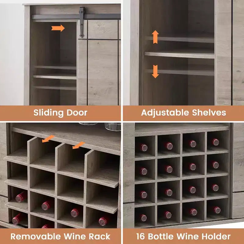 Farmhouse Bar Cabinet with Sliding Barn Door, 47 Rustic Wine & Coffee Station, 16-Bottle Rack, Adjustable Shelves for Dining Room, Kitchen