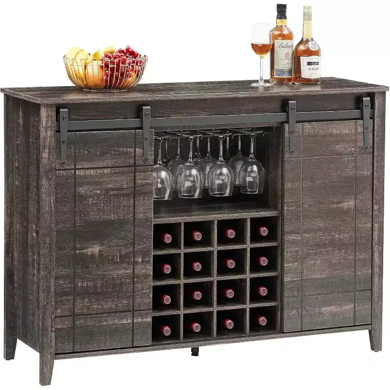 Farmhouse Bar Cabinet with Sliding Barn Door, 47 Rustic Wine & Coffee Station, 16-Bottle Rack, Adjustable Shelves for Dining Room, Kitchen