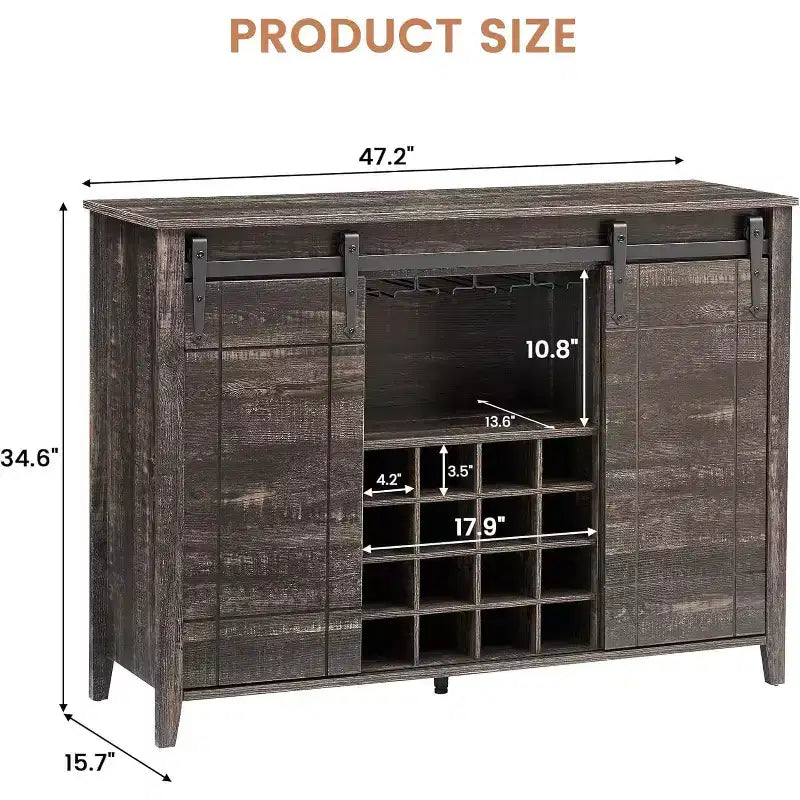 Farmhouse Bar Cabinet with Sliding Barn Door, 47 Rustic Wine & Coffee Station, 16-Bottle Rack, Adjustable Shelves for Dining Room, Kitchen