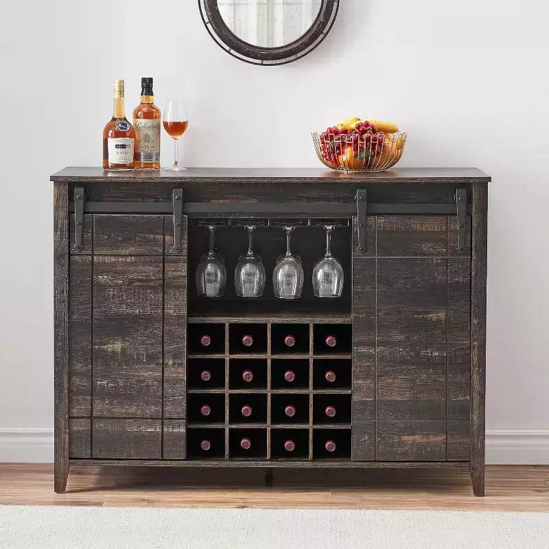 Farmhouse Bar Cabinet with Sliding Barn Door, 47 Rustic Wine & Coffee Station, 16-Bottle Rack, Adjustable Shelves for Dining Room, Kitchen
