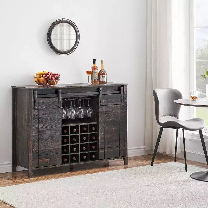 Farmhouse Bar Cabinet with Sliding Barn Door, 47 Rustic Wine & Coffee Station, 16-Bottle Rack, Adjustable Shelves for Dining Room, Kitchen