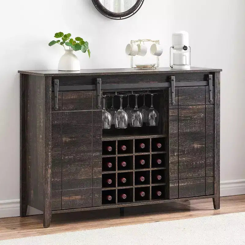 Farmhouse Bar Cabinet with Sliding Barn Door, 47 Rustic Wine & Coffee Station, 16-Bottle Rack, Adjustable Shelves for Dining Room, Kitchen